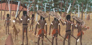 Goobalathaldin Dick Roughsey / Lardil people / Tribe on the move in the past, Cape York 1983 / Gift of Simon, Maggie and Pearl Wright through the Queensland Art Gallery | Gallery of Modern Art Foundation 2015. Donated through the Australian Government's Cultural Gifts Program / ┬® Goobalathaldin Dick Roughsey/Licensed by Copyright Agency, 2019 / Collection: Queensland Art Gallery | Gallery of Modern Art