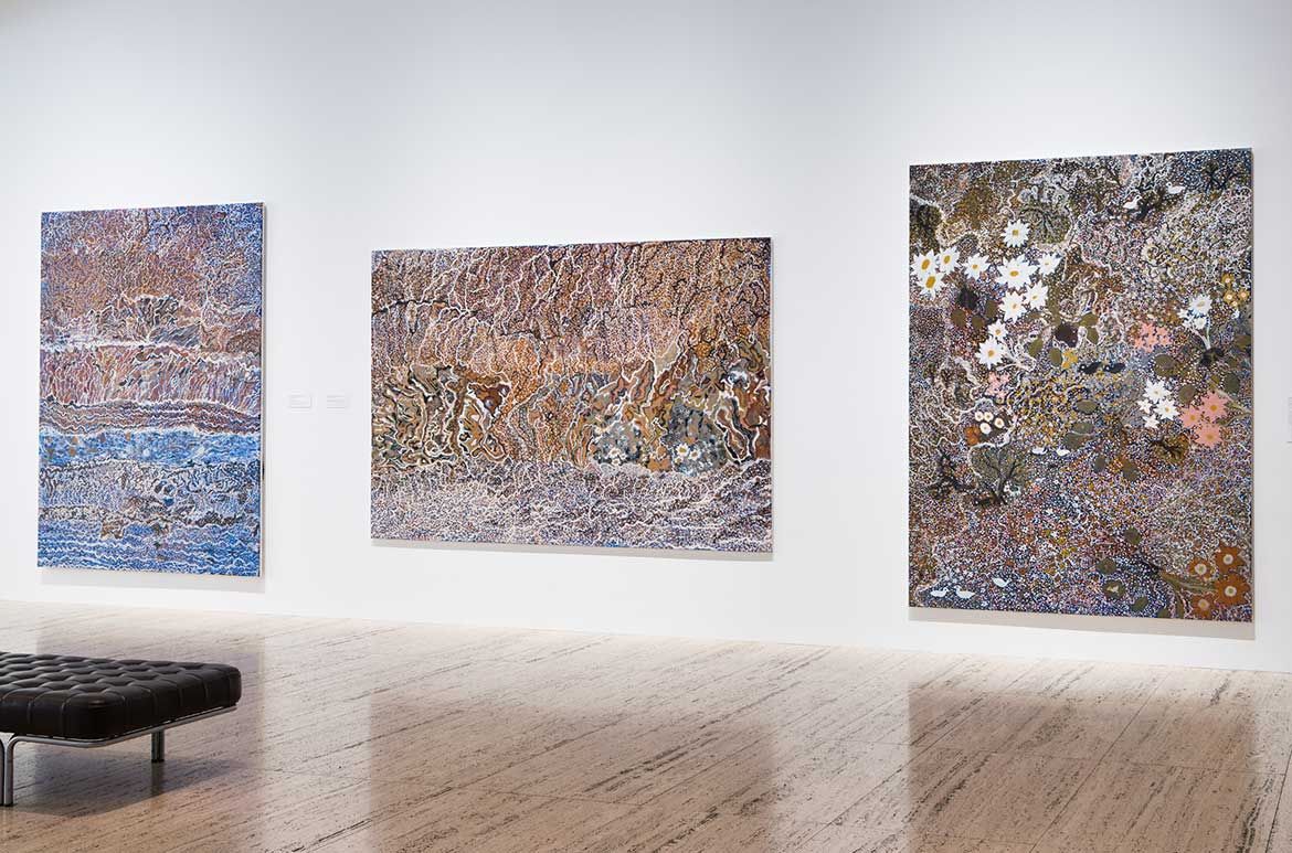 Works by Mavis Ngallametta: Wutan #2, Ngak-pungarichan (Clearwater) and Little swamp on the way to Obun