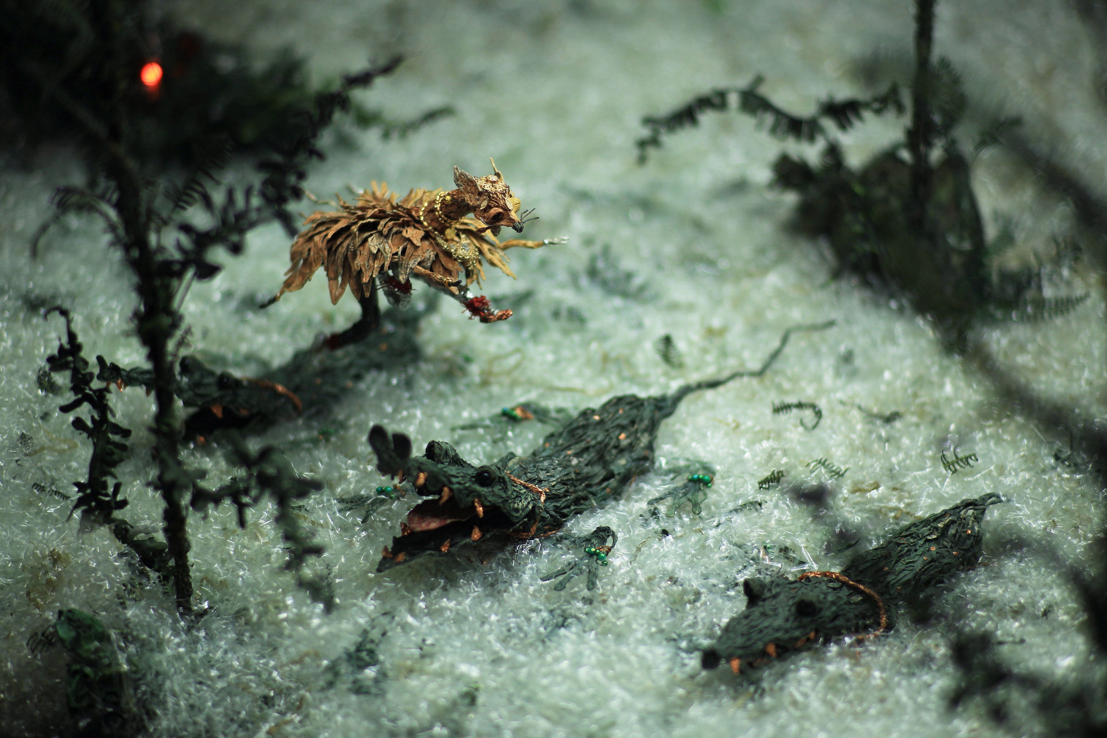 Zhang Xu Zhan / Taipei, Taiwa, b.1988 / Compound eyes of tropical 2020-22, 2024 / 5 puppets; installed dimensions variable / Installed dimensions variable; 5 puppets: 23 x 18 x 18.5cm; 24 x 10.5 x 24cm; 26 x 12 x 18.5cm; 21.5 x 10 x 21cm; 20.5 x 9.5 x 13cm; 5 bases: 3 x 38 x 42cm (each) / Purchased 2024. Queensland Art Gallery | Gallery of Modern Art Foundation / Courtesy: ZHAN ZHAN XI QI studio / © Zhang Xu Zhan / Photograph: / Image courtesy: The artist