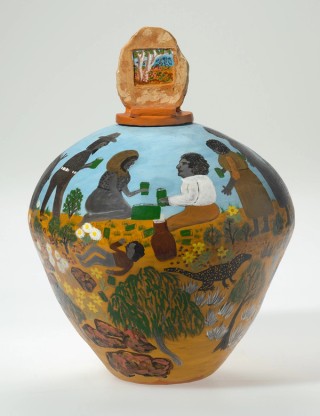 Hermannsburg Potters, Northern Territory, Australia est. 1990 / Irene Mbitjana Entata, Arrernte/Luritja people, Australia 1946–2014 / The events leading to Albert’s death 2001 / Earthenware, hand-built terracotta clay with underglaze colours and applied decoration / 44 x 35cm (diam.) (complete) / Purchased 2019. QAGOMA Foundation / Collection: Queensland Art Gallery | Gallery of Modern Art / © Irene Mbitjana Entata/Copyright Agency