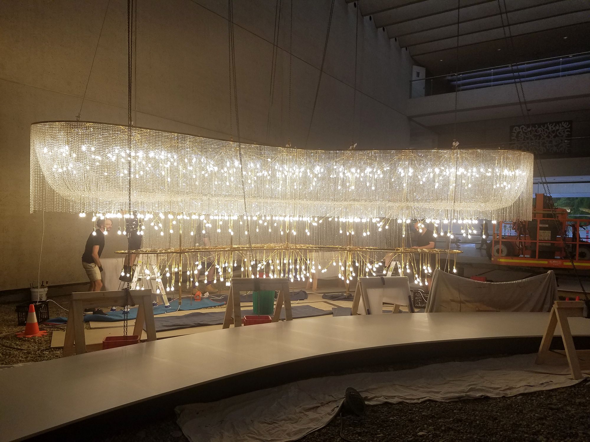 Ai Weiwei’s Boomerang 2006 undergoing rewiring for energy-efficient LED bulbs, 2020 / Photograph © QAGOMA