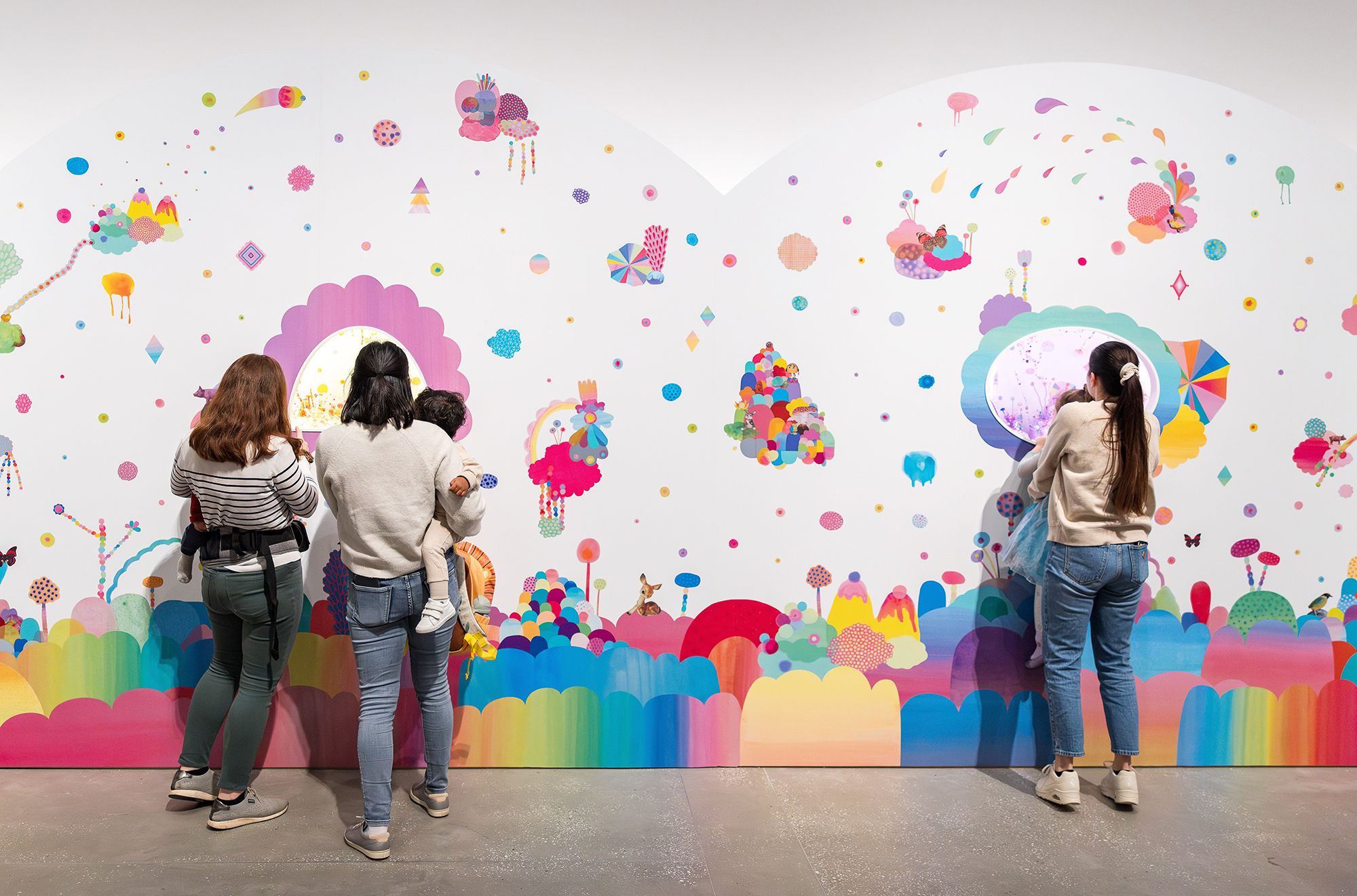 Pip & Pop, Australia 2007–2011 / Tanya Schultz, Australia b.1972 / Nicole Andrijevic, Australia b.1981 / 'Rainbow bridge' from 'we miss you magic land!' 2011 / Dioramas: Polystyrene, wax, fluorescent pigments, sugar, glue, glitter, synthetic polymer paint, plastic plants, plastic flowers, pipe-cleaners, modelling clay, paper, adhesive vinyl, pigment ink, beads in vitrine with internal electric lighting with perspex inserts; installed with wallpaper: digital adhesive on paper (produced from digital file) / Commissioned for ‘Pip & Pop: we miss you magic land’ 2011, a collaboration with QAGOMA’s Children’s Art Centre / Gift of the artists through the QAG Foundation 2013 / Collection: Queensland Art Gallery | Gallery of Modern Art / © Pip & Pop