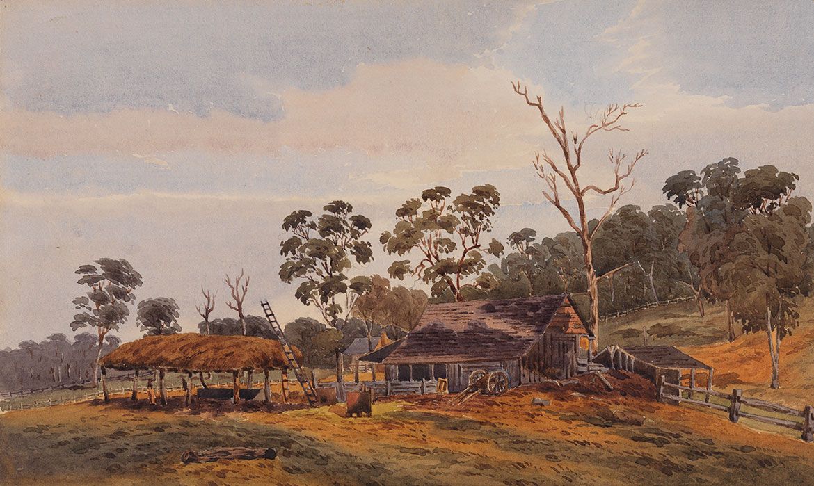 George Seymour Owen, England/Australia 1844-1921 / A farmstead on Lytton Road, Bulimba 1889 / Watercolour over pencil on paper / 18.5 x 32cm (comp.) / Purchased 1999. Queensland Art Gallery Foundation with assistance from Miss Betty Quelhurst through the Queensland Art Gallery Foundation / Collection: Queensland Art Gallery | Gallery of Modern Art