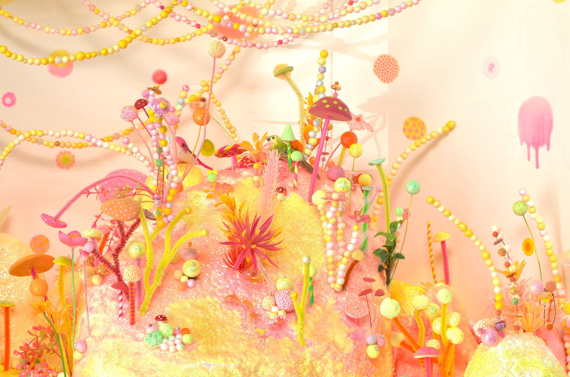 Pip & Pop, Australia 2007–2011 / Tanya Schultz, Australia b.1972 / Nicole Andrijevic, Australia b.1981 / 'Rainbow bridge' from 'we miss you magic land!' 2011 / Dioramas: Polystyrene, wax, fluorescent pigments, sugar, glue, glitter, synthetic polymer paint, plastic plants, plastic flowers, pipe-cleaners, modelling clay, paper, adhesive vinyl, pigment ink, beads in vitrine with internal electric lighting with perspex inserts; installed with wallpaper: digital adhesive on paper (produced from digital file) / Commissioned for ‘Pip & Pop: we miss you magic land’ 2011, a collaboration with QAGOMA’s Children’s Art Centre / Gift of the artists through the QAG Foundation 2013 / Collection: Queensland Art Gallery | Gallery of Modern Art / © Pip & Pop