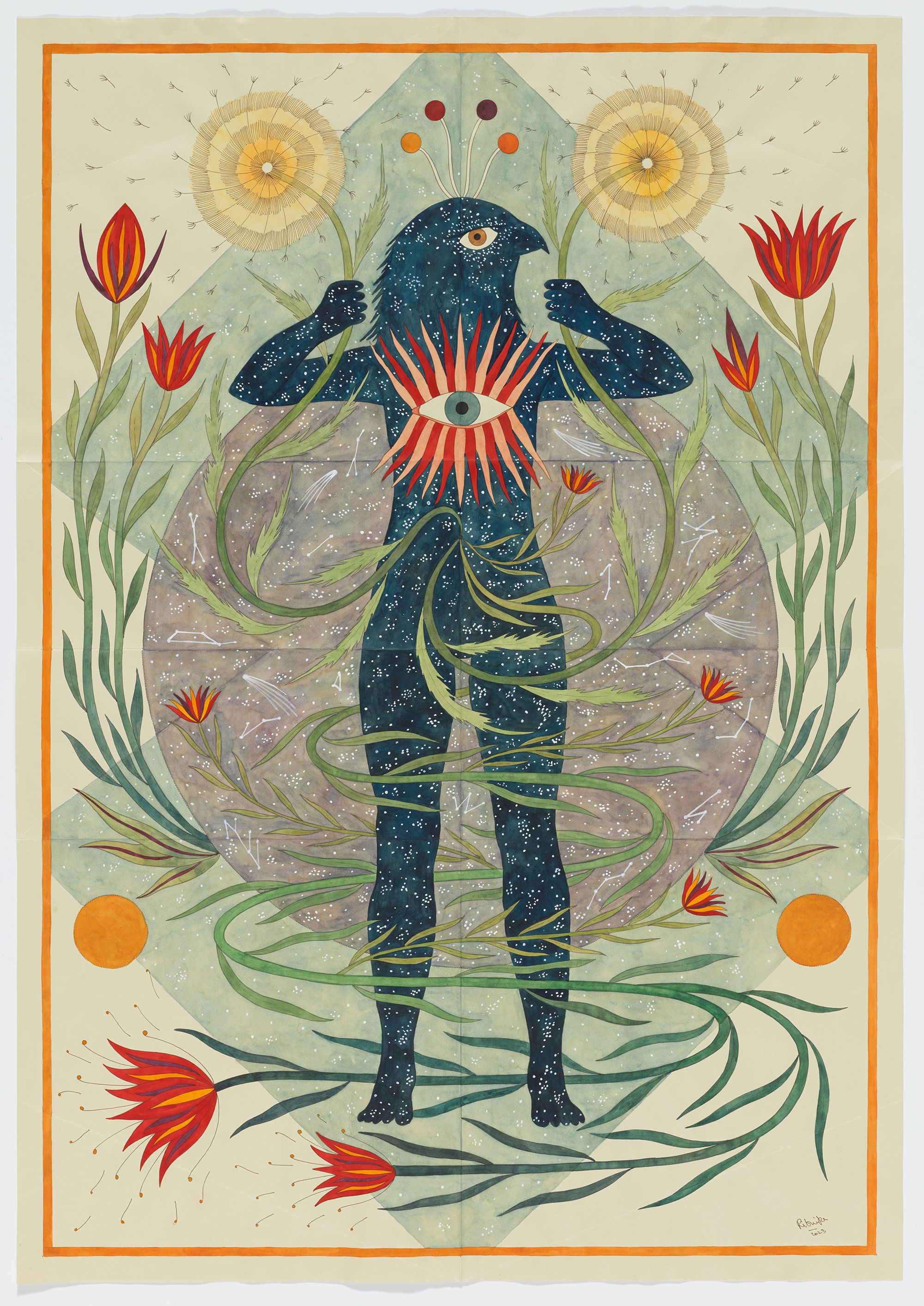 Rithika Merchant, India b.1986 / The Pollinator 2023 / Gouache, watercolour and ink on paper / 100 × 70cm / Courtesy: The artist and TARQ, Mumbai