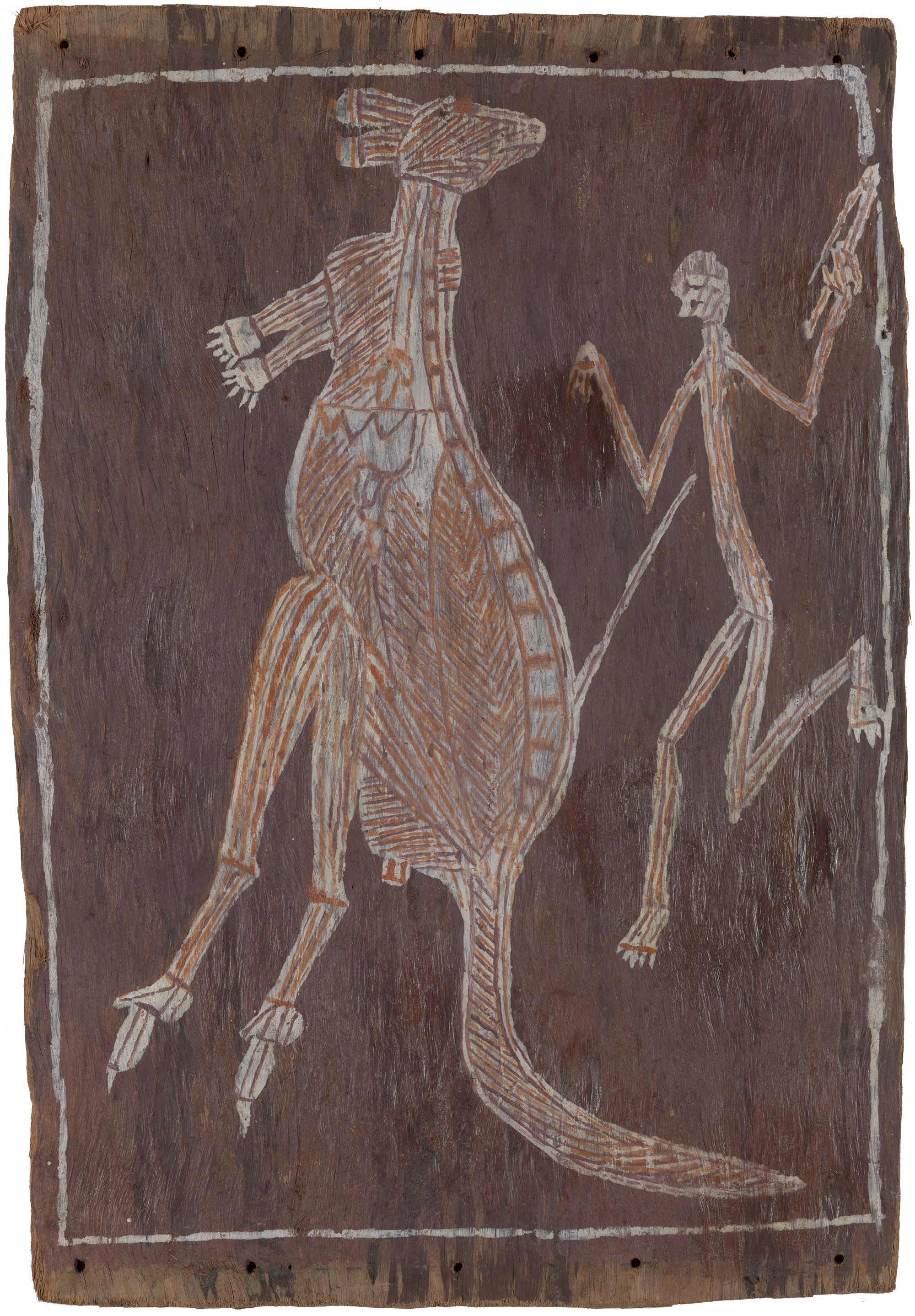Attrib. to Jimmy Mulwirrkbirrk Jambalulu, Jalama people, Australia c.1908–1960 / Captured kangaroo / Natural pigments on eucalyptus bark / 48.3 x 30.5cm / Gift of Robert Bleakley through the QAGOMA Foundation 2020. Donated through the Australian Government's Cultural Gifts Program / Collection: Queensland Art Gallery | Gallery of Modern Art