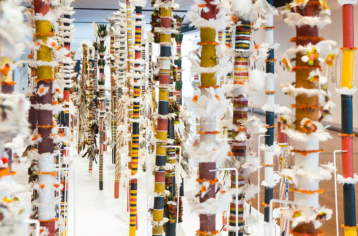 Henry Gambika Nupurra Dhamarandji; Trevor Gurruwiwi; Richard Galnardiwuy; Gali Yalkarriwuy Gurruwiwi; David Lakarriny Gurruwiwi Paul Gurruwiwi / Banumbirr (Morning Star poles)1995-2013 / Wood, bark fibre string, cotton thread, cotton thread with natural pigments, feathers, native beeswax, beeswax with synthetic polymer paint, natural pigments / Collection: Queensland Art Gallery / © The artists/Licensed by Viscopy, 2017