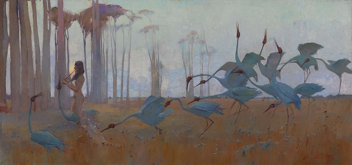Sydney Long, Australia 1871-1955 / Spirit of the Plains 1897 / Oil on canvas on wood / 62 x 131.4cm / Gift of William Howard-Smith in memory of his grandfather, Ormond Charles Smith 1940 / Collection: Queensland Art Gallery | Gallery of Modern Art