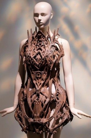 Iris van Herpen, Netherlands b.1984 / Isaïe Bloch (Collaborator), Belgium b.1986 / Materialise (Collaborator), Belgium est.1990 / Cathedral dress, from the ‘Micro’ collection 2012 installed in ‘Iris van Herpen: Sculpting the Senses’, GOMA 2024 / 3D-printed polyamide using selective laser sintering, electroplated in copper / Collection: Groninger Museum, Netherlands / © Iris van Herpen atelier / Photograph: C Callistemon © QAGOMA