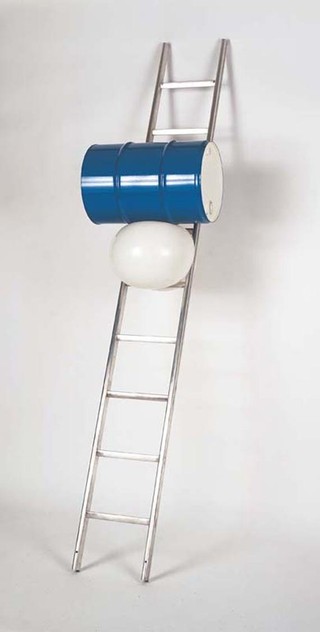 Roman Signer | Switzerland b.1938 | Ladder with barrel 2001 | Metal ladder, barrel, balloon | Ladder and barrel | Purchased 2005. The Queensland Government’s special Centenary Fund and the Queensland Art Gallery Foundation | Collection: Queensland Art Gallery | © The artist
