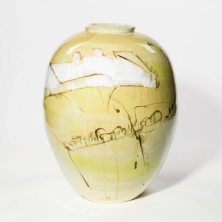 Joe Furlonger, Australia b.1952 / Errol Barnes (potter), Australia b.1941 / Moree landscape 1995 / White clay with underglaze colours beneath clear glaze / 54 x 45cm (diam., irreg.) / Gift of Pamela Barnett through the QAGOMA Foundation 2014. Donated through the Australian Government's Cultural Gifts Program / Collection: Queensland Art Gallery | Gallery of Modern Art / © Joe Furlonger and Errol Barnes