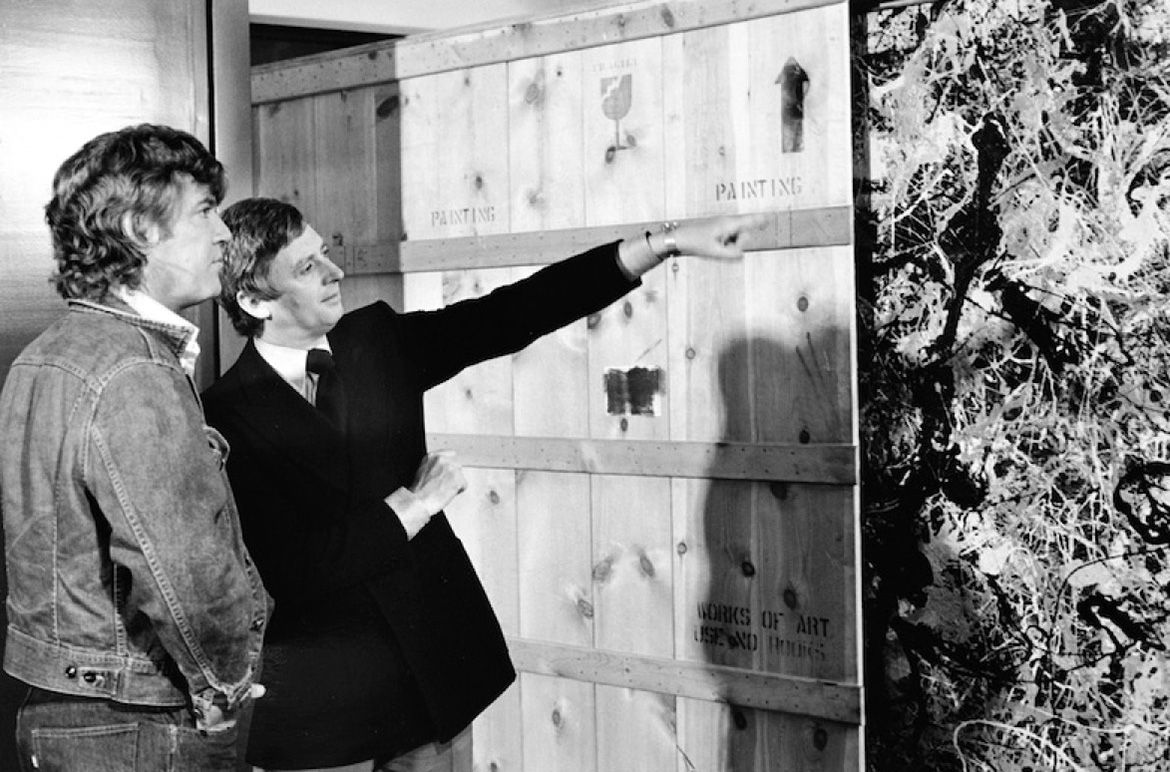 James Mollison AO and Robert Hughes AO with Jackson Pollock’s Blue Poles / © Pollock-Krasner Foundation. ARS/Copyright Agency
