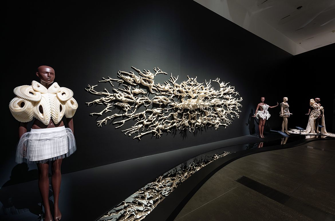 Installation view ‘Iris van Herpen: Sculpting the Senses’, GOMA 2024 featuring Malum Geminos 2019 by Courtney Mattison / Glazed stoneware and porcelain / © Courtney Mattison / Photograph: N Umek © QAGOMA
