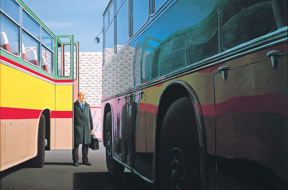 Jeffrey Smart, Australia/Italy 1921-2013 / The traveller 1973 / Synthetic polymer paint and oil on canvas / 100.5 x 116cm / Purchased 1975 with the assistance of an Australian Government Grant through the Visual Arts Board of the Australia Council / Collection: Queensland Art Gallery | Gallery of Modern Art / © QAGOMA