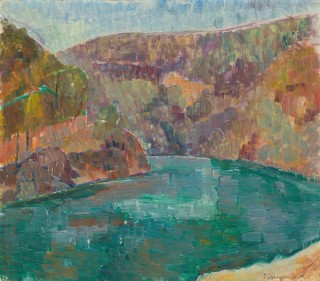 Grace Cossington Smith, Australia 1892-1984 / Deep water, Bobbin Head c.1942 / Oil on pulpboard / 39.5 x 44cm / Gift of Des Park through the Queensland Art Gallery | Gallery of Modern Art Foundation 2021. Donated through the Australian Government’s Cultural Gifts Program / Collection: Queensland Art Gallery | Gallery of Modern Art / © The Estate of Grace Cossington Smith