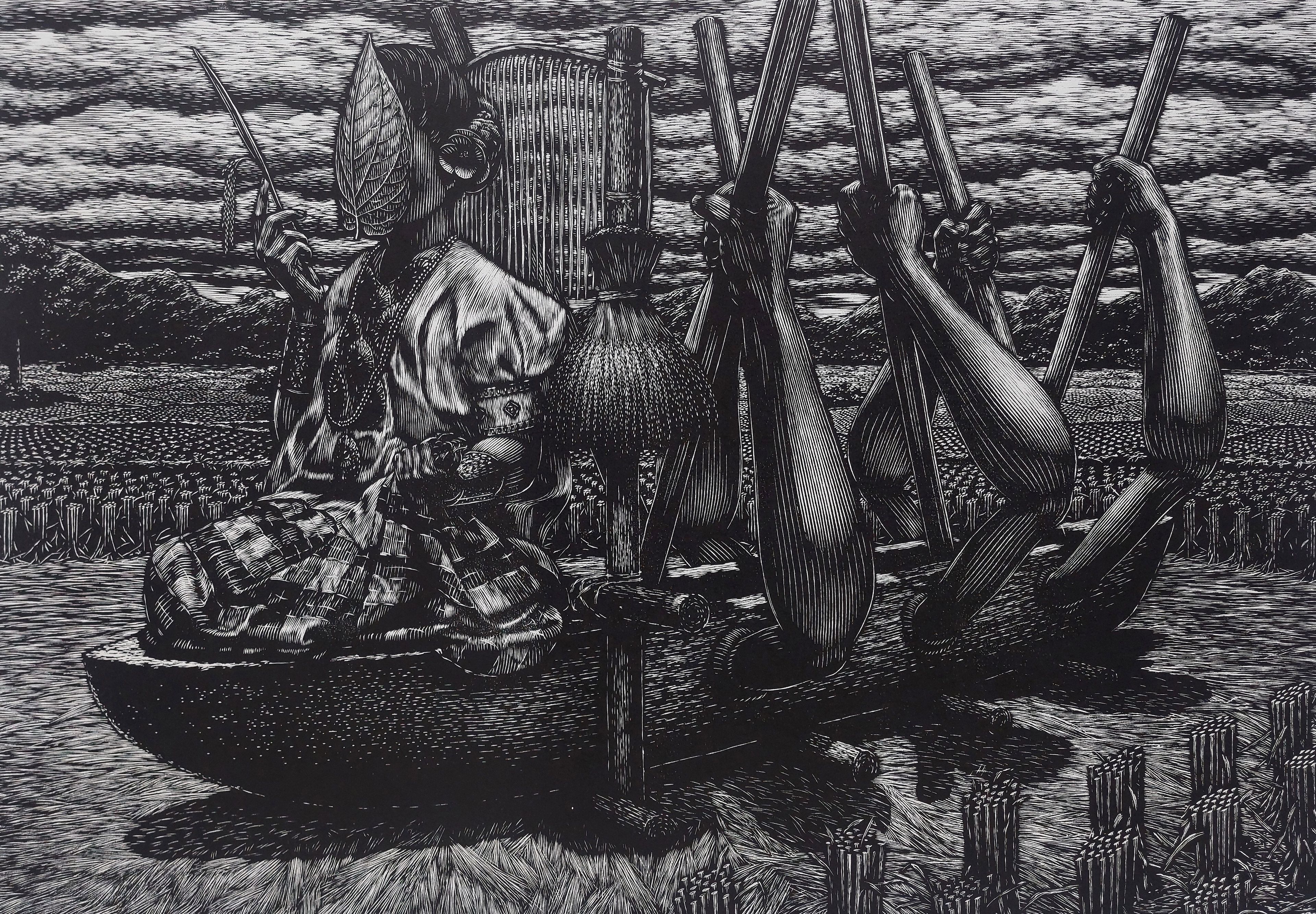 Muhlis Lugis / Ulo, South Sulawesi, Indonesia b.1987 / Menghibur Sangiang Serri (Entertaining the Sangiang Serri) 2021 / Woodcut print on canvas / 100 x 140cm / Courtesy: The artist