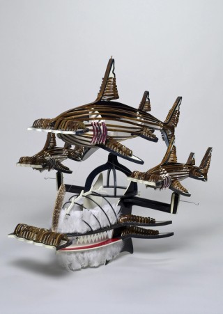 Ken Thaiday Sr, Meriam Mir people, Queensland, Australia b.1950 / Beizam headdress (Black bamboo triple hammerhead shark) 1999-2000 / Plywood, synthetic polymer paint, black bamboo, feathers (chicken and brown falcon) hose fitting, trickle hose, cat's eyes, fishing line / 100 x 98 x 113cm / Purchased 2000. QAG Foundation Grant / Collection: Queensland Art Gallery | Gallery of Modern Art / © Ken Thaiday Sr