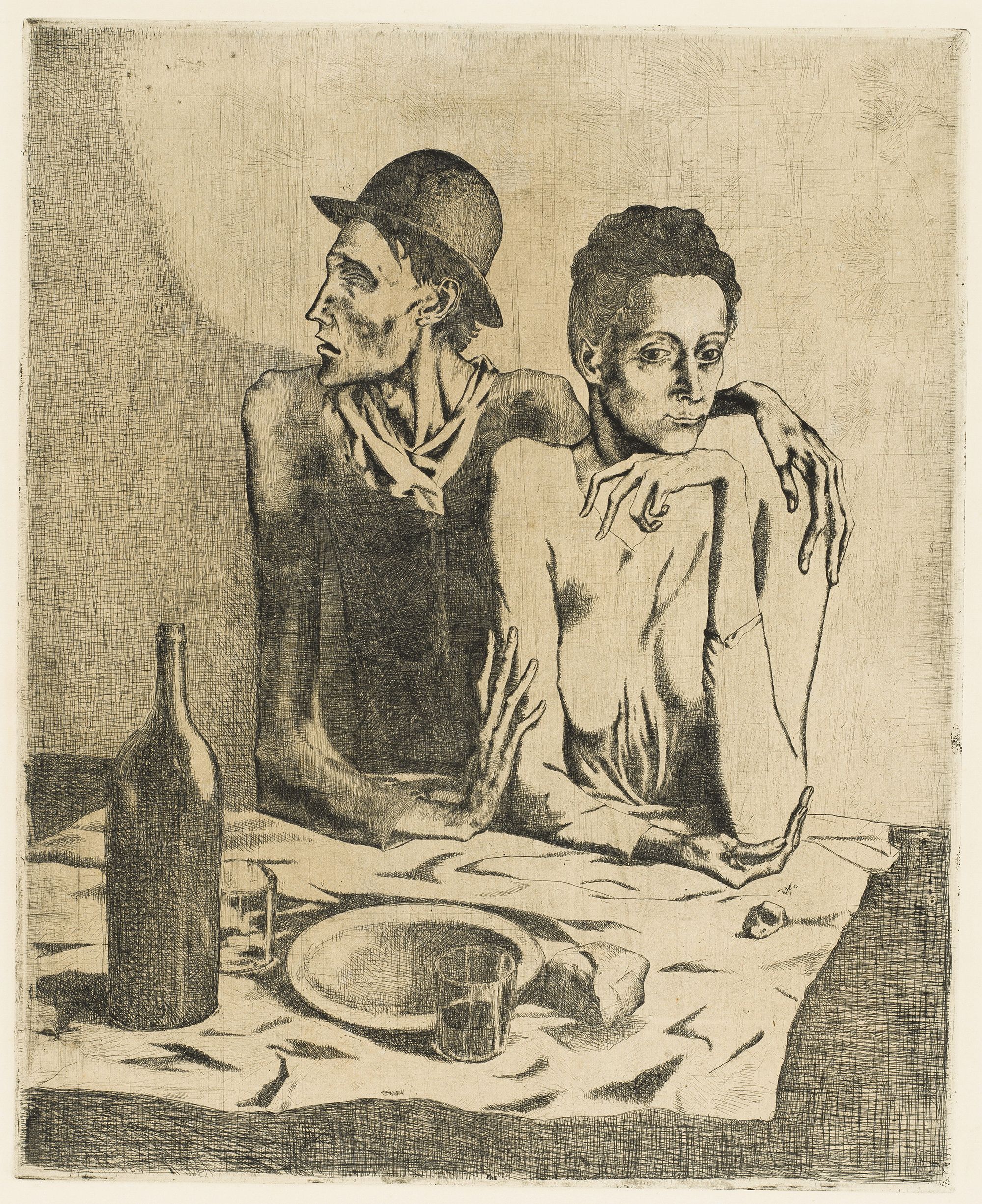 Pablo Picasso, Spain 1881–1973 / Le Repas frugal (The frugal meal) (from 'La Suite des Saltimbanques' series) 1904, printed 1913 / Etching and scraper on Van Gelder Zonen wove paper / 66 x 51cm / Purchased 2015 with funds from the Margaret Olley Art Trust through the QAGOMA Foundation / Collection: Queensland Art Gallery | Gallery of Modern Art / © Succession Picasso/Copyright Agency