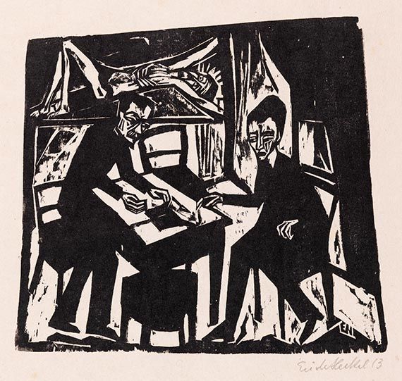 HECKEL, Erich Germany b.1883 d.1970 Zwei maenner am tisch (Two men at a table) 1913 Woodcut on Japanese paper 54.5 x 34.8cm 23.6 x 26cm (comp., irreg.) Acc. 1988.098 Purchased 1988. Queensland Art Gallery Foundation