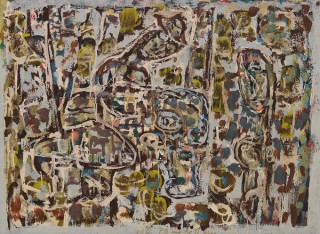 Ian Fairweather, Scotland/Australia 1891–1974 / MO, PB and the ti-tree 1965 / Synthetic polymer paint on cardboard on hardboard / 87.7 x 113.3cm / Gift of Miss Pamela Bell 1996 / Collection: Queensland Art Gallery | Gallery / of Modern Art / © Ian Fairweather/Copyright Agency