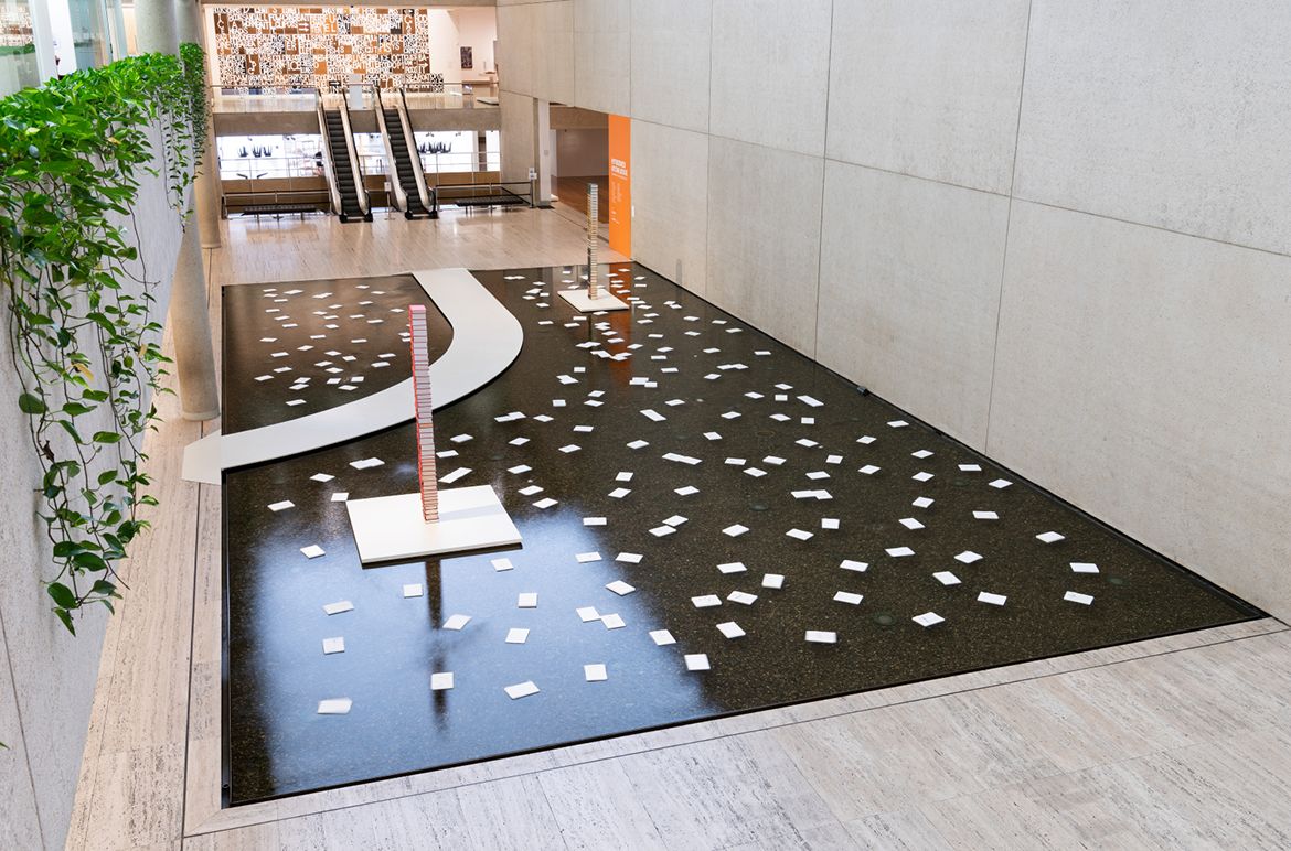 Archie Moore, Kamilaroi/Bigambul peoples, Australia b.1970 / Inert State 2022 / Found hardcover books, steel, high-density polyethylene, polyurethane foam, microporous polyolefin silica-based paper / Commissioned for ‘Embodied Knowledge: Queensland Contemporary Art’ 2021 by QAGOMA / © Archie Moore / Courtesy: Archie Moore and The Commercial, Sydney / Photograph: N Harth © QAGOMA