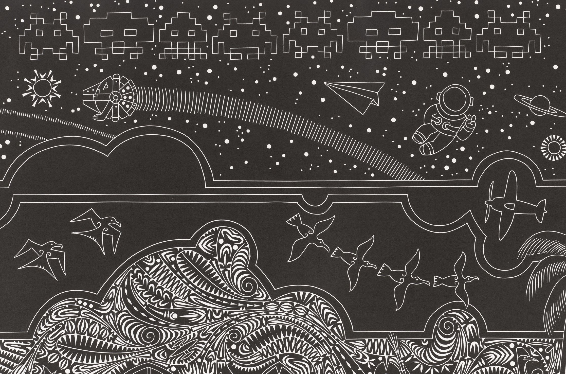 Brian Robinson, Maluyligal, Wuthathi and Dayak people, Australia b.1973 / Lagalgal: The Mysteries of our Land (detail) 2022 / Vinyl-cut on Hahnemule Hellweiss 350gsm alpha-cotton paper printed in black ink from one block / 100 x 200cm / Gift of the artist through the QAGOMA Foundation 2024. Donated through the Australian Government's Cultural Gifts Program / Collection: Queensland Art Gallery | Gallery of Modern Art / © Brian Robinson