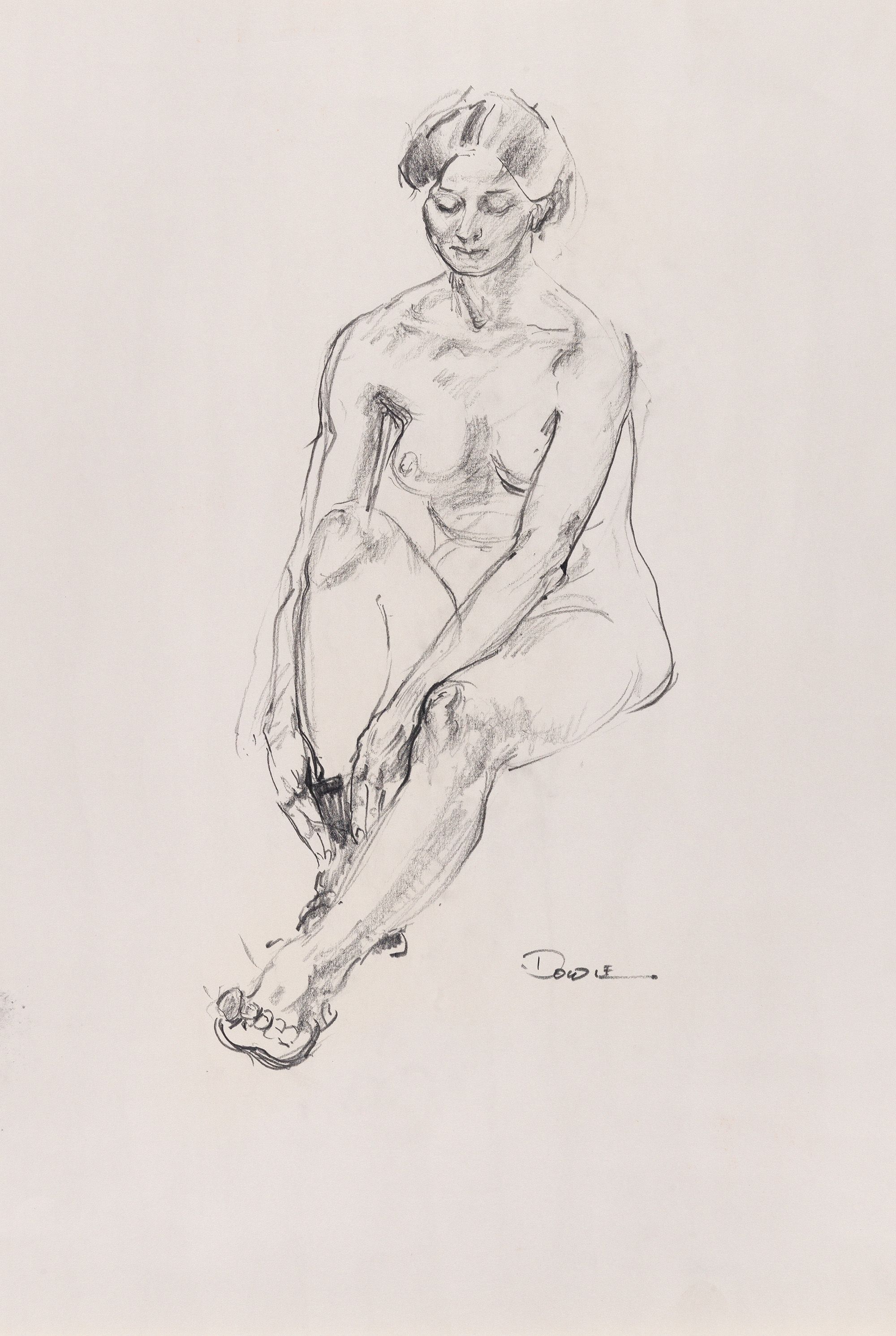 John Dowie, Australia 1915–2008 / Untitled (seated female nude putting on a stocking) c.1976–79 / Pencil on wove paper / 55.8 x 38.2cm (sheet) / Gift of the artist 1982 / Collection: Queensland Art Gallery | Gallery of Modern Art / © John Dowie Estate