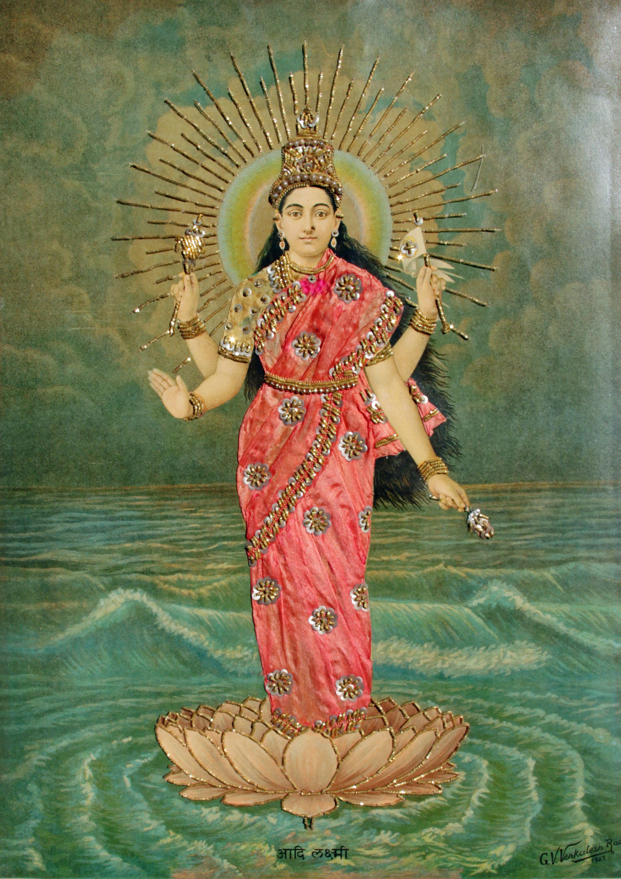 G V Venkatesh Rao, India / Ravi Varma Press, Malavli-Lonavla, India / Adi Laxmi printed 1894–1930 / Oleograph with Zardosi embroidery / 50.8 x 35.56cm / Purchased 2024 with funds from the Henry and Amanda Bartlett Trust through the QAGOMA Foundation / Collection: Queensland Art Gallery | Gallery of Modern Art