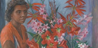 Margaret Olley, Australia 1923-2011 / Susan with flowers 1962 / Oil on canvas / 127.4 x 102.3cm / Gift of Finney Isles and Co. Ltd. 1964 / Collection: Queensland Art Gallery | Gallery of Modern Art / © QAGOMA