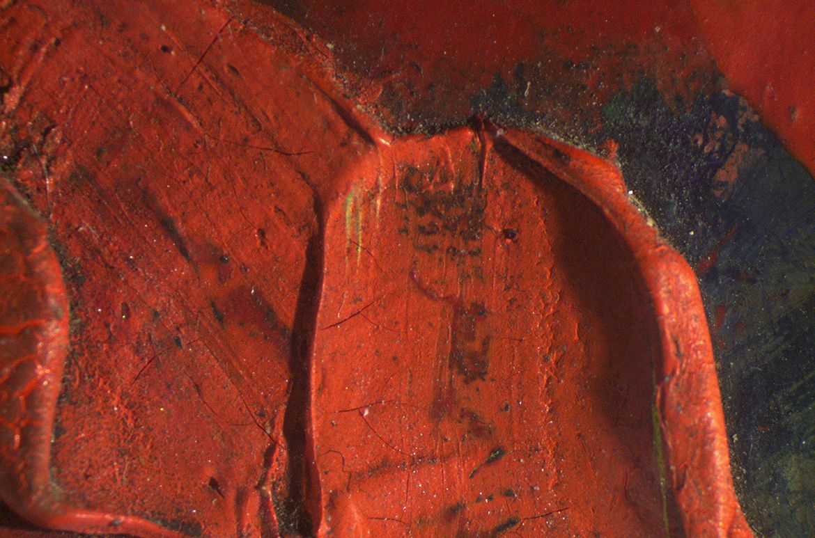 Impasto brush strokes in the bouquet of Charles Blackman’s The Blue Alice 1956-57