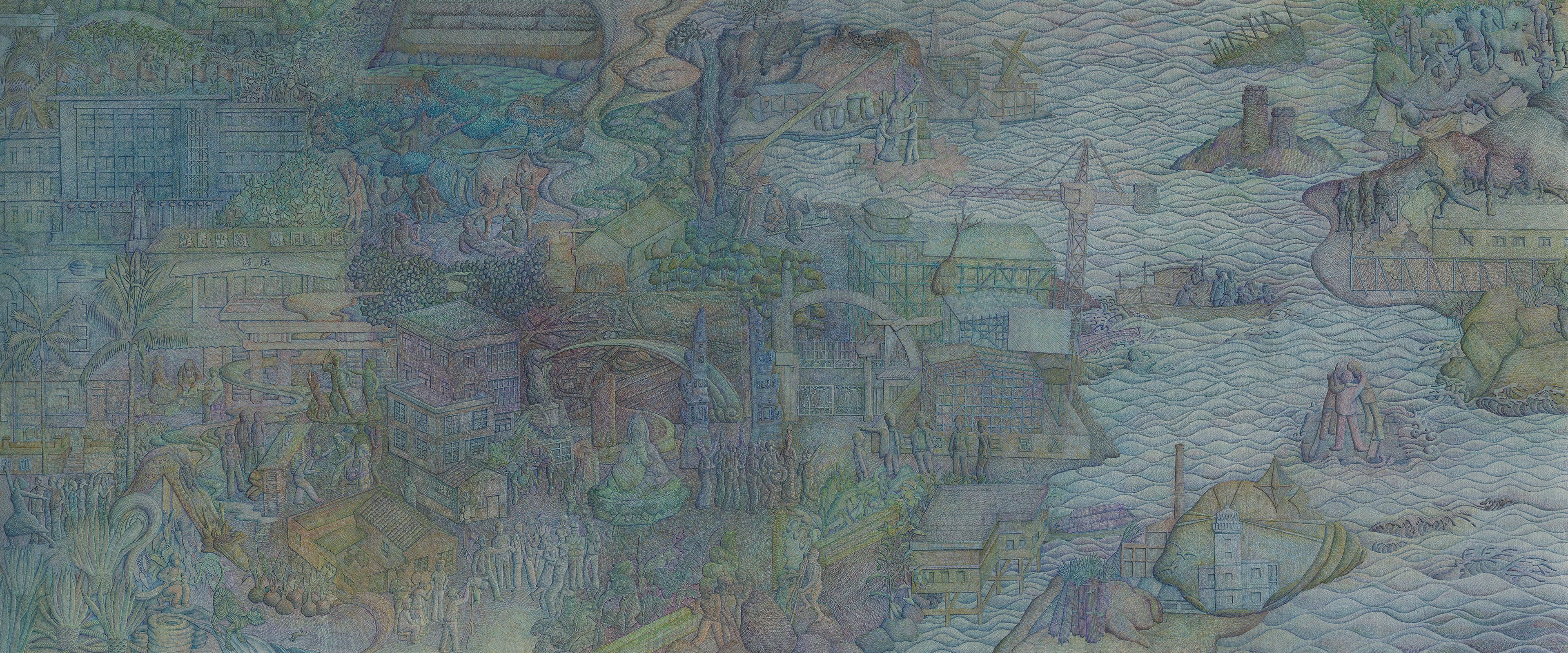 BOLOHO / Guangzhou, China, est. 2019 / Lunar Factory (detail) 2024 / Gel pen on paper / Four sheets: 107 x 240cm (each); 214 x 480cm (overall) / Commissioned for APT11 / Courtesy: The artists and Hanart TZ Gallery, Hong Kong