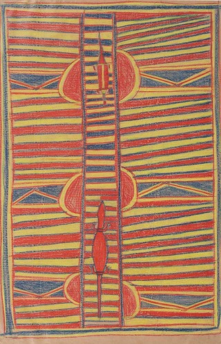 Crayon drawing on brown paper, Ronald M. Berndt Collection, Yirrkala NT 1946-47. Held by the University of Western Australia, Berndt Museum of Anthropology. Copyright of the Artist C/- Buku-Larrnggay Mulka Centre, Yirrkala NT.