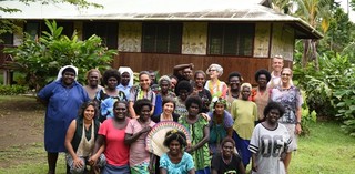 Women’s Wealth team, Nazareth Rehabilitation Centre, Chabai, Bougainville, September 2017, Photograph: Sister Tekla Back from left: Sister Lorraine Garasu, Joy Pazebeto Madada, Imelda Teqae, Sister Theresita Alona, Elisa Jane Carmichael, Elizabeth Saman, Janet Fieldhouse, Emma Makusu, Jesmaine Sakoi Gano, Georgianna Lepping, Kay Lawrence, Sana Balai, Adelaide Aniona, The Hon. Josephine Getsi, Cameron Darragh, Marilyn Havini Centre from left: Taloi Havini, Gwendalyn Dasumoe, Helen Miriona, Ruth McDougall, Kiria Asike, Aida Pais, Pauline Anis Front: Elizabeth Marata and Josephine Kepaku