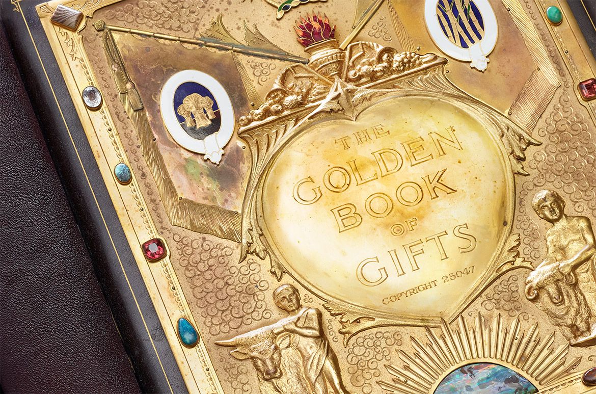 Book cover, The Golden Book of Gifts c. 1934 / W. Harvey (Australia), goldsmith / Queensland Art Gallery, Commissioner / Brass, bronze, semiprecious stones, enamel / 40 x 40 x 13cm / The Mitchell Wolfson, Jr. Collection, 85.2.122 / The Wolfsonian–Florida International University, Miami Beach Florida / Photograph: Lynton Gardiner