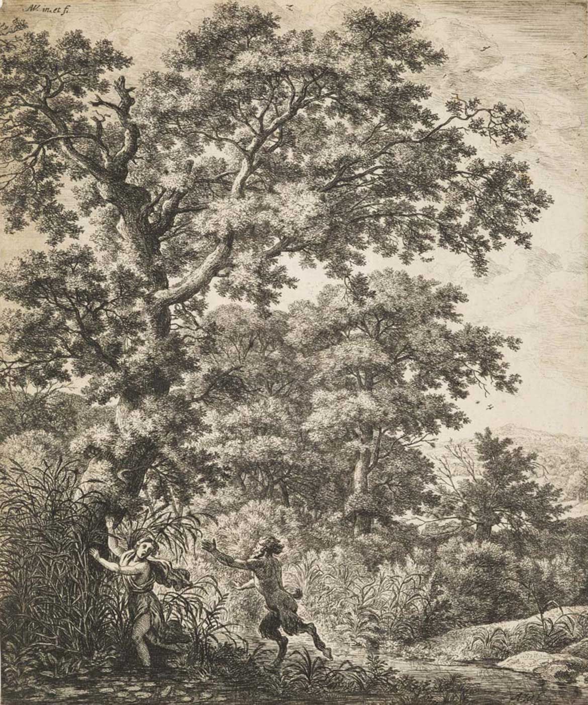 Anthonie Waterloo, The Netherlands c.1610–90 / Landscape with Pan and Syrinx (from the series of six large landscapes depicting mythological scenes from Ovid’s
‘Metamorphoses’) 1640–90 / Etching on paper / 28.8 x 23.9cm / Gift of Dr Morris Low through the Queensland Art Gallery | Gallery of Modern Art Foundation 2016 / Collection: Queensland Art Gallery | Gallery of Modern Art