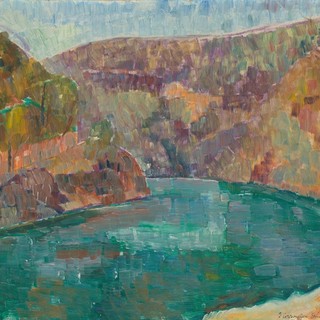 Grace Cossington Smith, Australia 1892-1984 / Deep water, Bobbin Head (detail) c.1942 / Oil on pulpboard / 39.5 x 44cm / Gift of Des Park through the Queensland Art Gallery | Gallery of Modern Art Foundation 2021. Donated through the Australian Government’s Cultural Gifts Program / Collection: Queensland Art Gallery | Gallery of Modern Art / © The Estate of Grace Cossington Smith