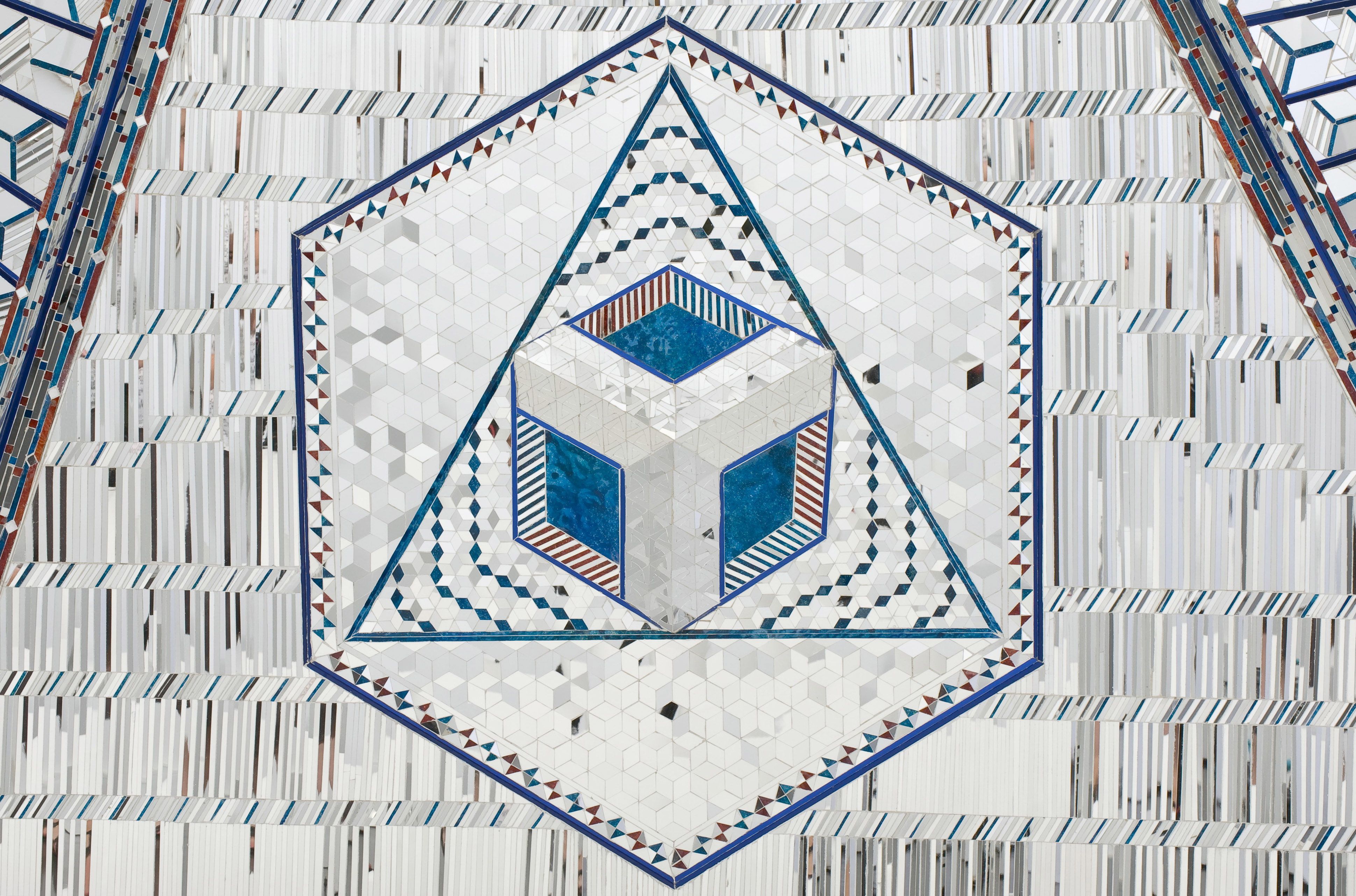 Monir Shahroudy Farmanfarmaian, Iran 1924-2019 / Lightning for Neda (detail) 2009 / Mirror mosaic, reverse-glass painting, plaster on wood / Six panels: 300 x 200 x 25cm (each); 300 x 1200 x 25cm (overall) / The artist dedicates this work to the loving memory of her late husband Dr Abolbashar Farmanfarmaian. Purchased 2009. QAG Foundation / Collection: Queensland Art Gallery | Gallery of Modern Art / © Monir Shahroudy Farmanfarmaian Estate