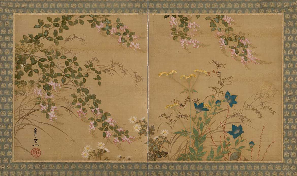 Suzuki Kiitsu, Japan 1796-1858 / Small two-fold table screen with autumnal plants 1844-58 / Ink and colour on silk on wooden framed screen / 60 x 99 x 1.5cm / Gift of James Fairfax AC through the Queensland Art Gallery | Gallery of Modern Art Foundation 2018 / Collection: Queensland Art Gallery | Gallery of Modern Art
