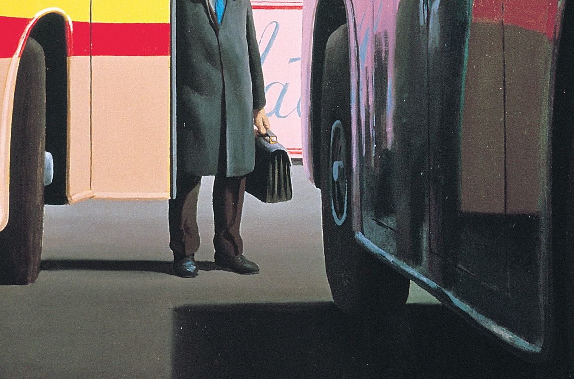 Jeffrey Smart, Australia/Italy 1921-2013 / The traveller (detail) 1973 / Synthetic polymer paint and oil on canvas / 100.5 x 116cm / Purchased 1975 with the assistance of an Australian Government Grant through the Visual Arts Board of the Australia Council / Collection: Queensland Art Gallery | Gallery of Modern Art / © QAGOMA