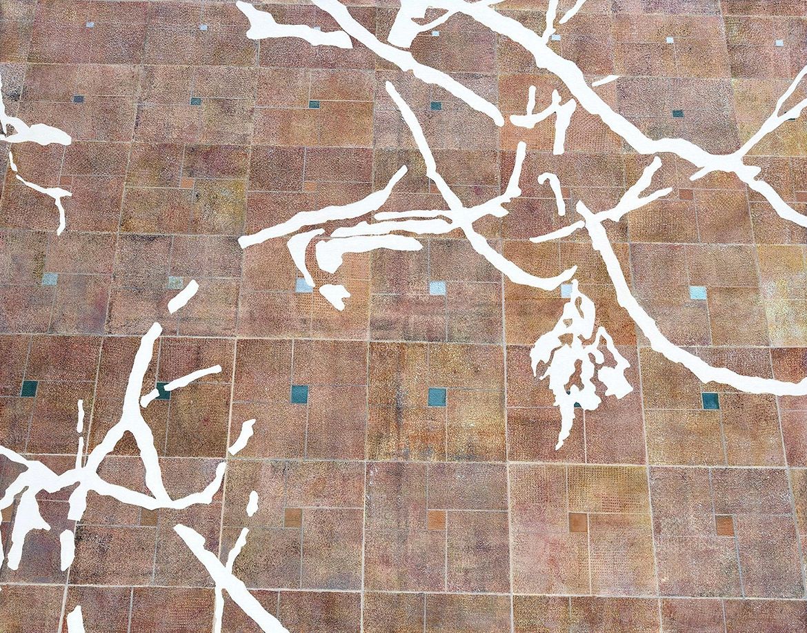 Vivienne Binns, Australia b.1940 / Fig and Tiles 2019 / Synthetic polymer paint on canvas / 130 x 160 cm / © Vivienne Binns / Courtesy: The artist, Canberra and Milani Gallery, Brisbane