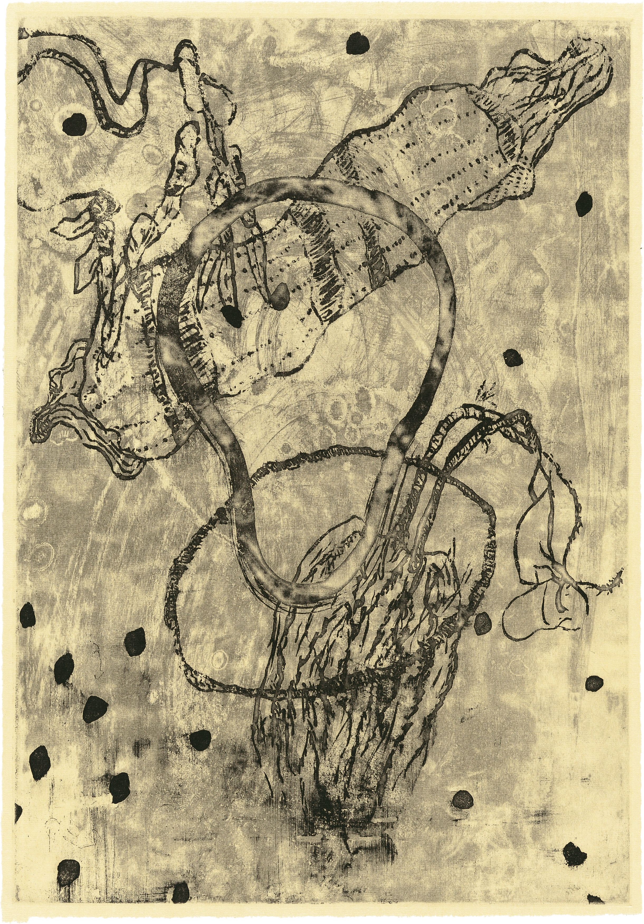 Judy Watson / Waanyi people / Australia b.1959 / our bones in your collections 1997 / Etching with chine collé on paper / 30.7 x 28cm / Purchased 2003.The Queensland Government's special Centenary Fund / Collection: Queensland Art Gallery | Gallery of Modern Art