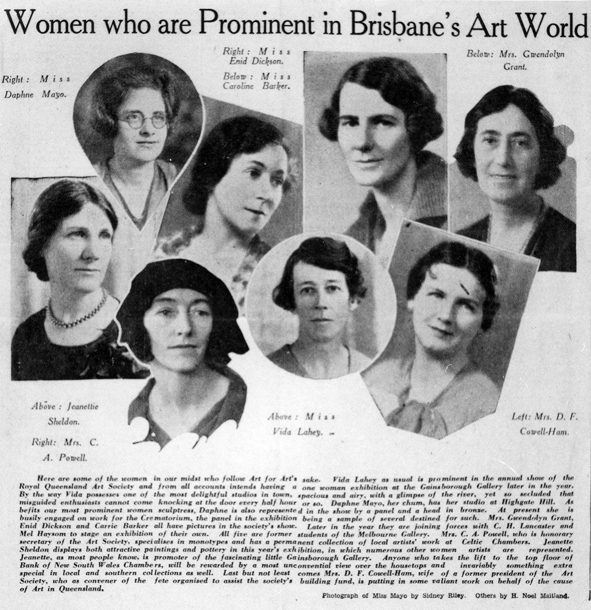 Vida Lahey profiled in ‘Women who are Prominent in Brisbane’s Art World’, published in The Telegraph 8 June 1934 also included Daphne Mayo, Enid Dickson, Caroline Barker, Gwendolyn Grant, Jeanette Sheldon, Mrs Charles Arthur Powell (Gladys Henrietta Dudley née Hobday), and Mrs. D. F. Cowell-Ham / 114526 / Courtesy: John Oxley Library, State Library of Queensland, Brisbane
