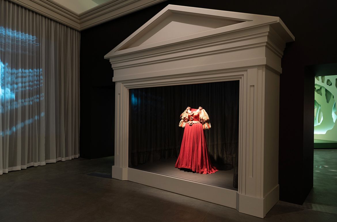 Jean Cocteau (director), France 1889–1963; Marcel Escoffier (designer), Monaco 1910–2001 / ‘Adélaïde’ costume from La Belle et la Bête (Beauty and the Beast) 1946, installation view ‘Fairy Tales’, Gallery of Modern Art (GOMA) Brisbane 2023 / Silk satin, wool cheesecloth, velvet, chiffon, straw / Collection: La Cinémathèque française, Paris / © Société nouvelle de distribution (SND) / 1996–98 AccuSoft Inc. All Rights Reserved / Photograph: N Umek © QAGOMA