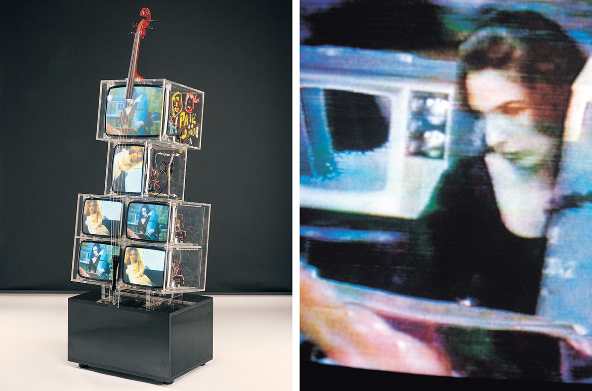 Nam June Paik, United States/South Korea 1932-2006 / TV cello 2000 / DVDs, video monitors, perspex, wooden cello neck with coloured plastic strings and wooden tail piece, marble base / 232.2 x 75 x 55cm (overall); wooden cello neck and coloured plastic strings and wooden tail piece: 187 x 20 x 15.5cm; three perspex boxes containing video monitors: 38 x 48 x 51cm, 34.5 x 28 x 51cm, 55 x 68.5 x 51cm; perspex arch: 1 x 11.5 x 9cm; perspex string bracket: 9 x 2.5 x 39.7cm; perspex base: 12.9 x 6.9 x 8cm; marble base: 40 x 75 x 55cm / The Kenneth and Yasuko Myer Collection of Contemporary Asian Art. Purchased 2002 with funds from The Myer Foundation, a project of the Sidney Myer Centenary Celebration 1899-1999, through the QAG Foundation / Collection: Queensland Art Gallery | Gallery of Modern Art / © Nam June Paik/Copyright Agency