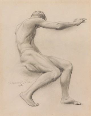 Vincent Brown, Queensland Australia 1901–2001 / Figure study (male nude: seated and turning to right) 1940 / Pencil on cardboard / 25.4 x 19.9cm / Purchased 1948 / Collection: Queensland Art Gallery | Gallery of Modern Art / © Vincent Brown Estate