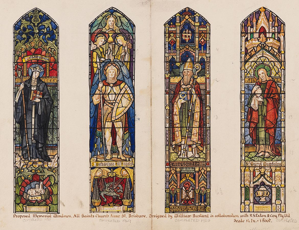 William Bustard, Australia 1894 -1973 / Design for memorial window, All Saints Church, Brisbane (St Etheldreda, St Michael, St Augustine and St Mary Magdalene) 1949 / Watercolour on paper / 34.5 x 40.6cm / Purchased 1973 / Collection: Queensland Art Gallery | Gallery of Modern Art / © William Bustard Estate