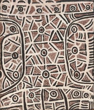 Charlie Tararu Tjungurrayi, Pintupi people, Australia 1921–99 / The importance of fire 1973 / Synthetic polymer paint on plywood / 42 x 50cm / Purchased 2020 with the support of the Australian Government through the National Cultural Heritage Account and the QAGOMA Foundation / Collection: Queensland Art Gallery | Gallery of Modern Art / © Estate of Charlie Tararu Tjungurrayi/Licensed by Aboriginal Artists Agency