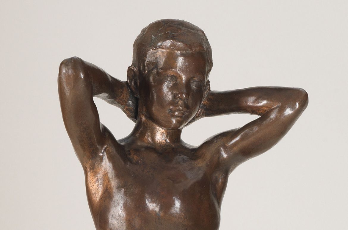 Daphne Mayo, Australia 1895-1982 / Sketch (of a boy) 1921, cast 1961 / Bronze / 76 x 32.5 x 20cm / Acc. 1:0150 / Commissioned 1961 from a cast gifted by Queensland Wattle Day League 1923 / Collection: Queensland Art Gallery | Gallery of Modern Art / © Surf Lifesaving Foundation and The United Church in Australia Property Trust (Q.)