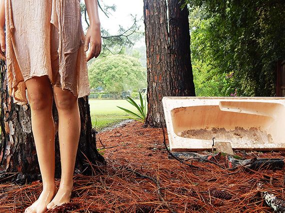 Teagan Miklavc, Corinda State High School / Flooded memories 2015 / photograph, dress, gumboots / © The artist / Artist Statement: This artwork portrays my memories of the 2011 floods. Having my home completely inundated by flood water, with little time to evacuate, I lost most of my belongings. Despite the passing of time, I have never lost the memories of the smell and imperviousness of the mud. As nature reclaims the land and little evidence of the disaster is left, the memories have stained my conscience. They are like a ghost, still haunting me.