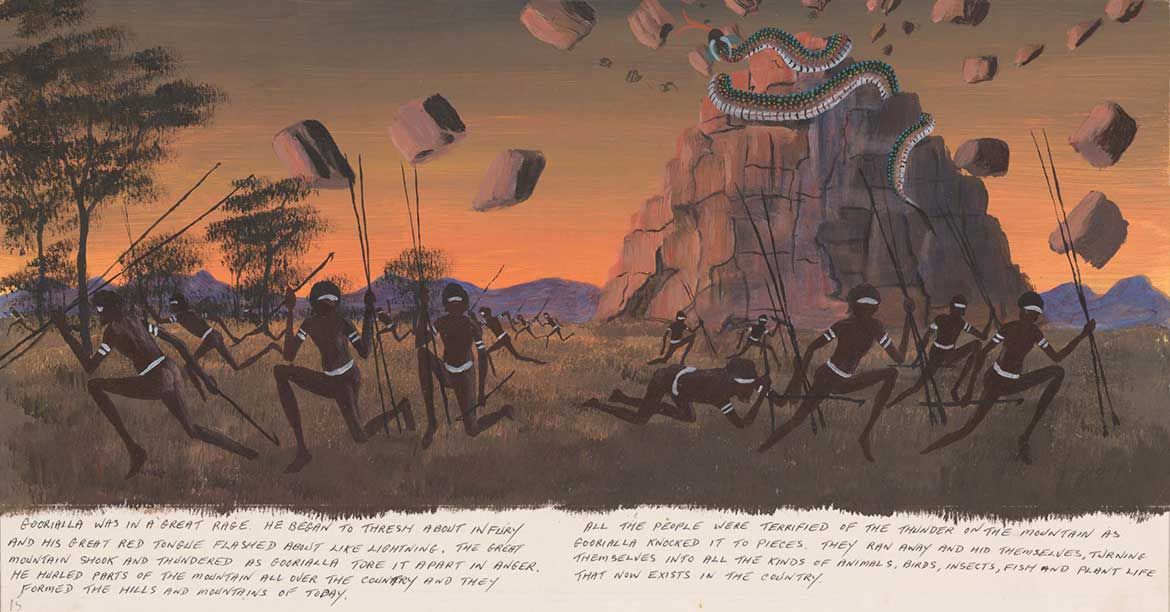 Goobalathaldin Dick Roughsey and Percy Trezise / Goorialla was in a great rage… (from ‘Rainbow Serpent Illustrations’) 1974 / Synthetic polymer paint / 25.4 x 48cm (framed) / Collection: Fryer Library, The University of Queensland Library / © Goobalathaldin Dick Roughsey/Copyright Agency, 2019. Estate of Percy Trezise